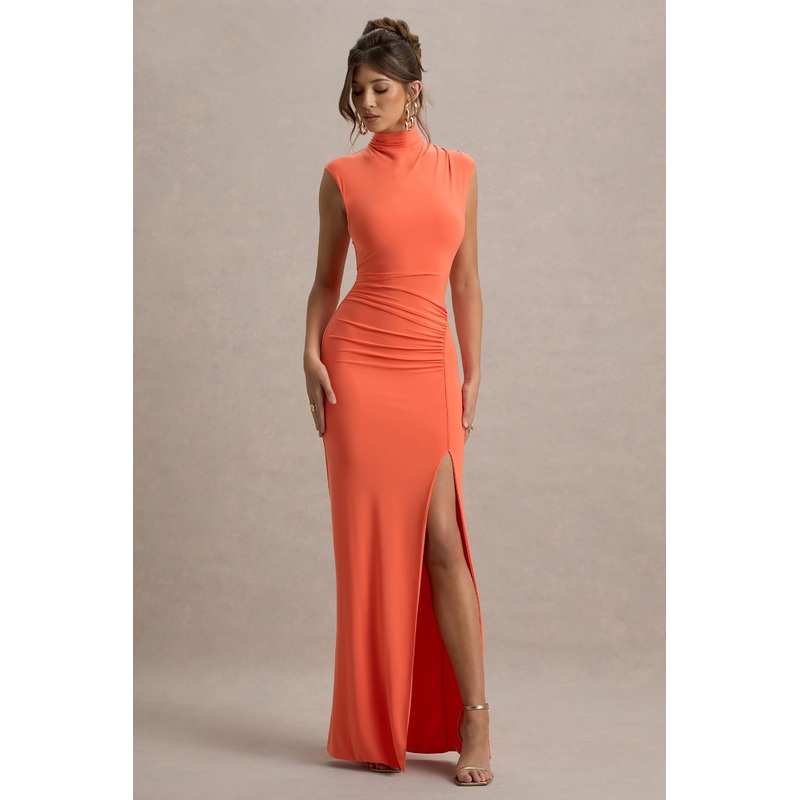 Lanetta | Coral Ruched High-Neck Maxi Dress With Split