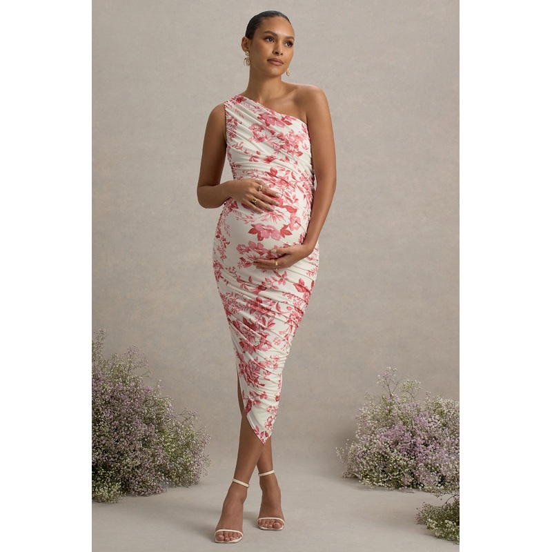 Late Night | Pink Floral Print Maternity Ruched One Shoulder Midi Dress