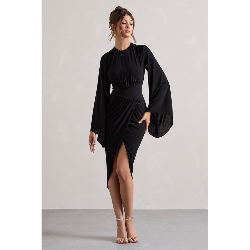 Lennox | Black Drape-Sleeve Gathered Midi Dress
