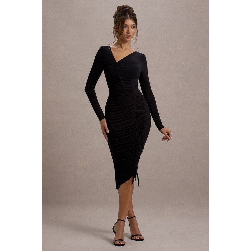 Lilia | Black Ruched Asymmetric Midi Dress
