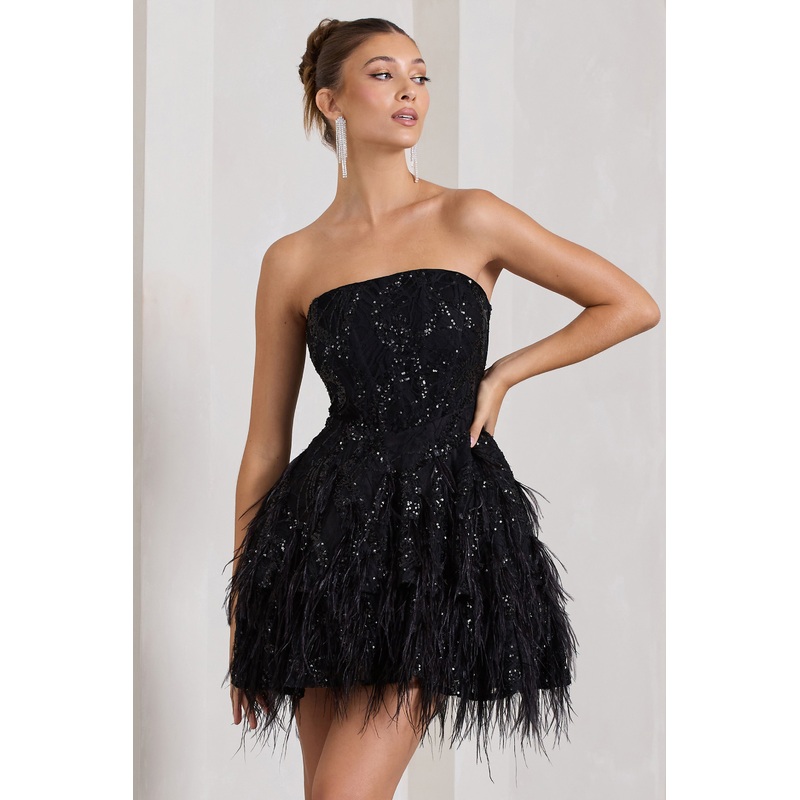 Little Wish | Black Sequin Lace Strapless Mini Dress With Feathers