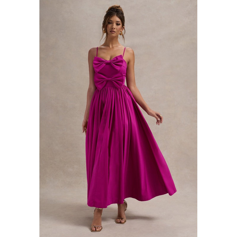 Loved Up | Fuschia Pink Strappy Pleated Maxi Dress With Bows
