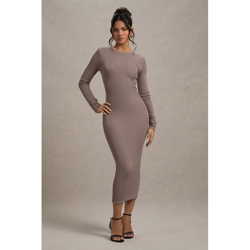 Madden | Taupe Rib Knit Cowl-Back Midi Dress