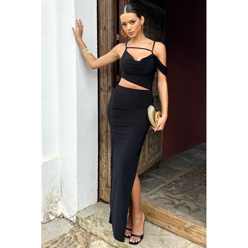 Metallica | Black Strappy Asymmetric Maxi Dress With Cut-Out