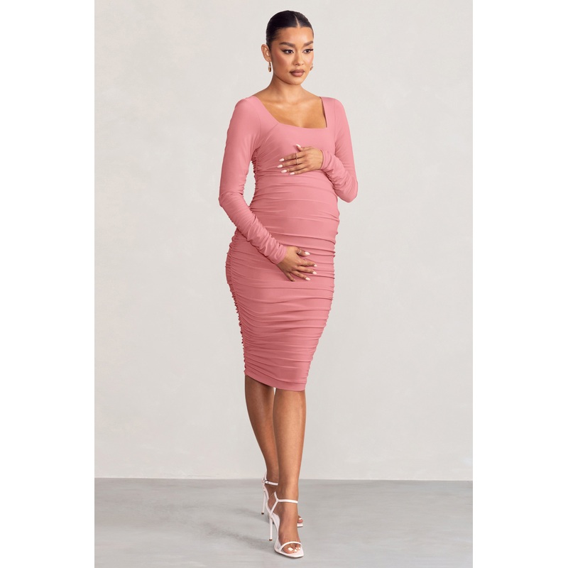 New Life | Pink Maternity Square Neck Ruched Midi Dress