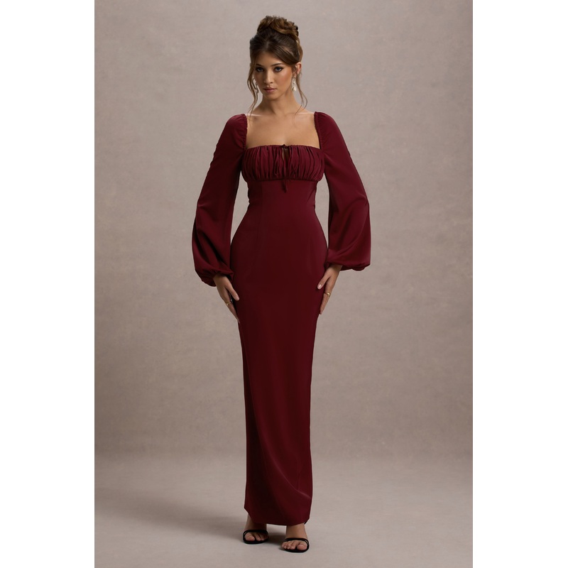 Nika | Berry Satin Square-Neck Balloon-Sleeve Maxi Dress