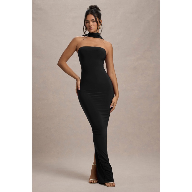 Nobu | Black Bandeau Maxi Dress With Halter-Collar