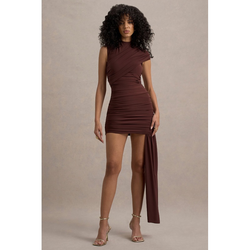 Nocturnal | Brown Ruched Mini Dress With Sash