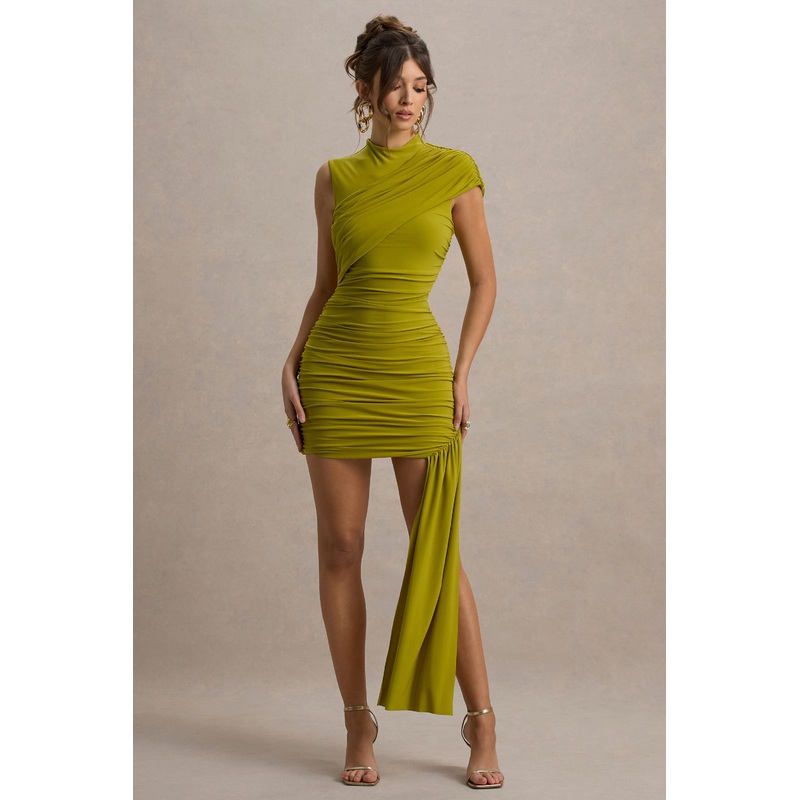 Nocturnal | Green Ruched Mini Dress With Sash