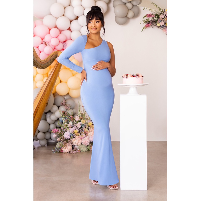 Oh Baby | Powder Blue Maternity One Shoulder Bodycon Maxi Dress