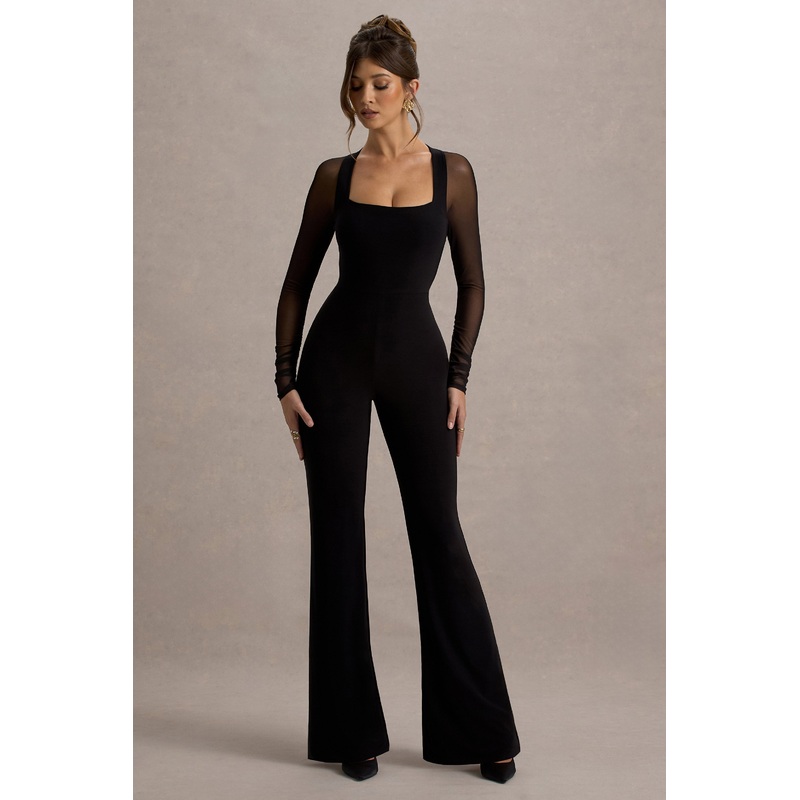 On Track | Black Flared-Leg Jumpsuit With Sheer Sleeves