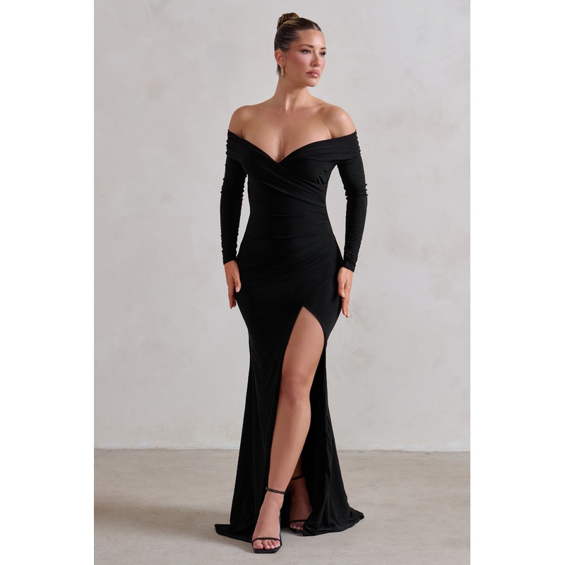 One Moment | Black Bardot Wrap Ruched Split Maxi Dress