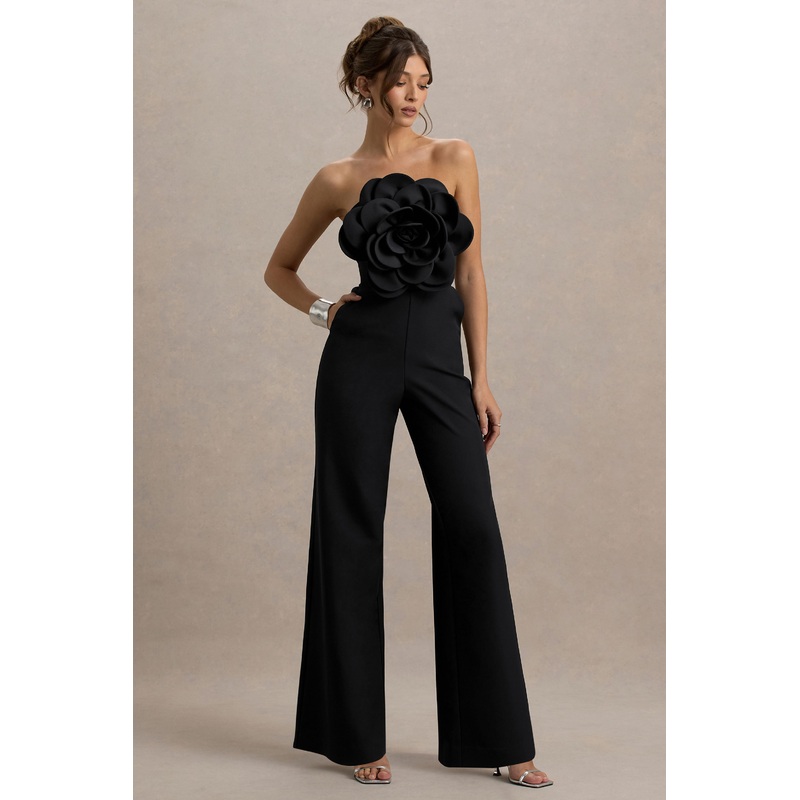 Opia | Black Bandeau Wide-Leg Jumpsuit With Large Floral Corsage