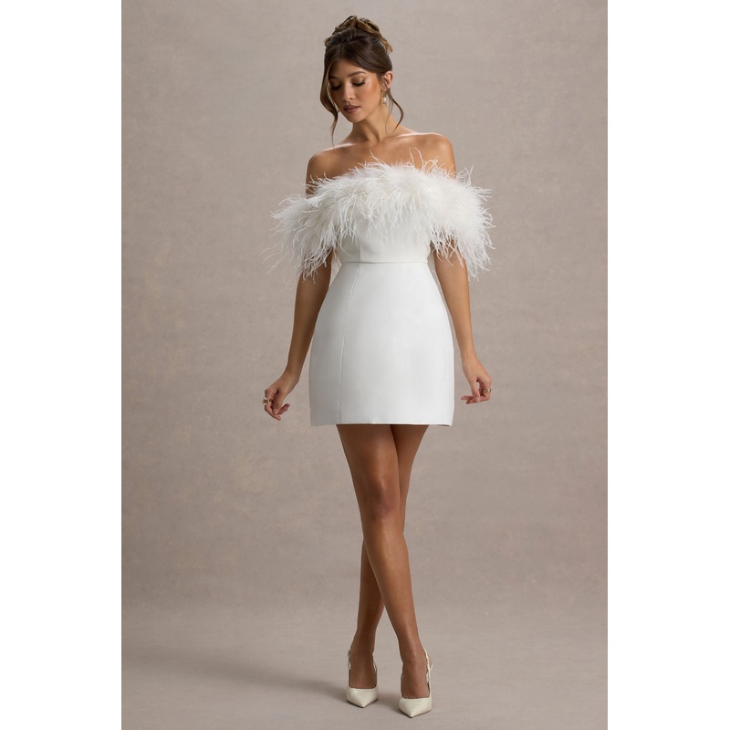 Palace | White Bardot Mini Dress With Feather Trim