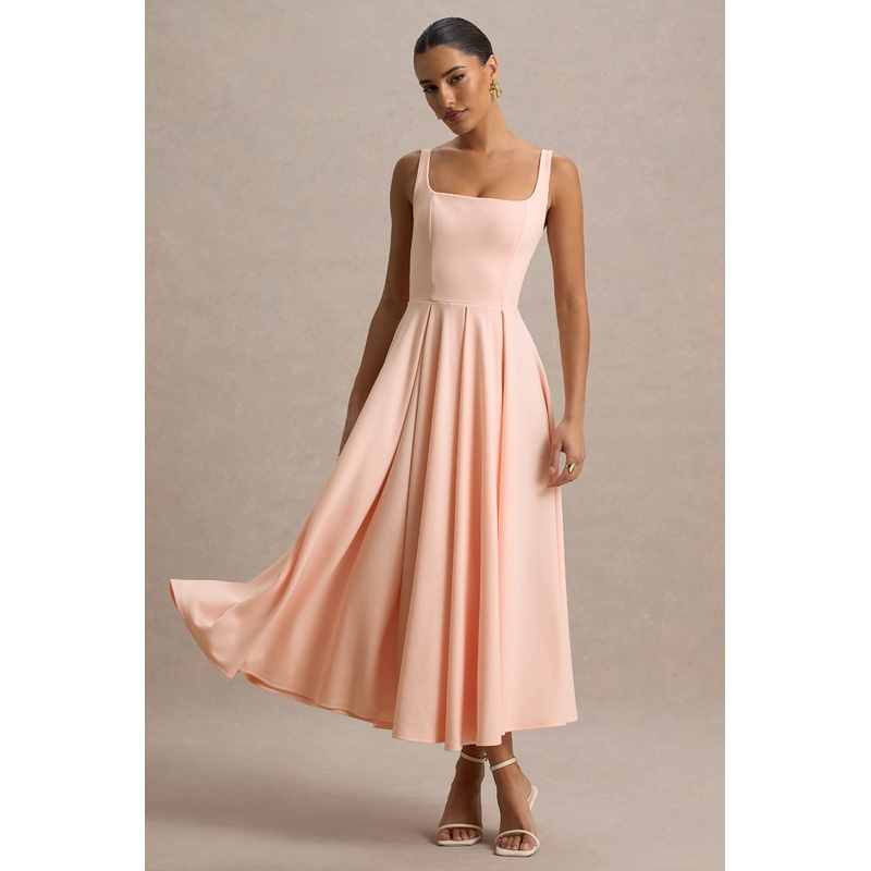 Parina | Pink Strappy Volume-Hem Midi Dress