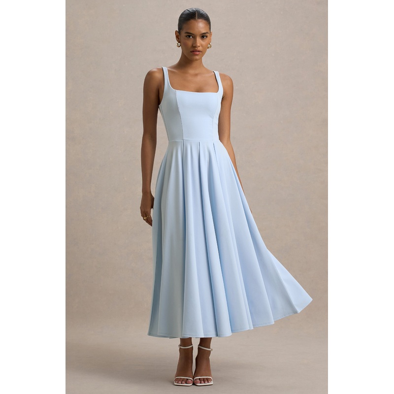 Parina | Powder Blue Strappy Volume-Hem Midi Dress