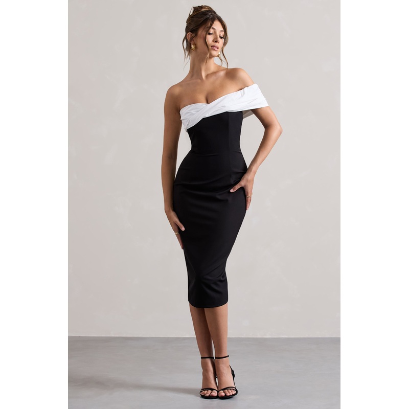 Pearl | Black Twisted Bardot Tailored Midi Dress