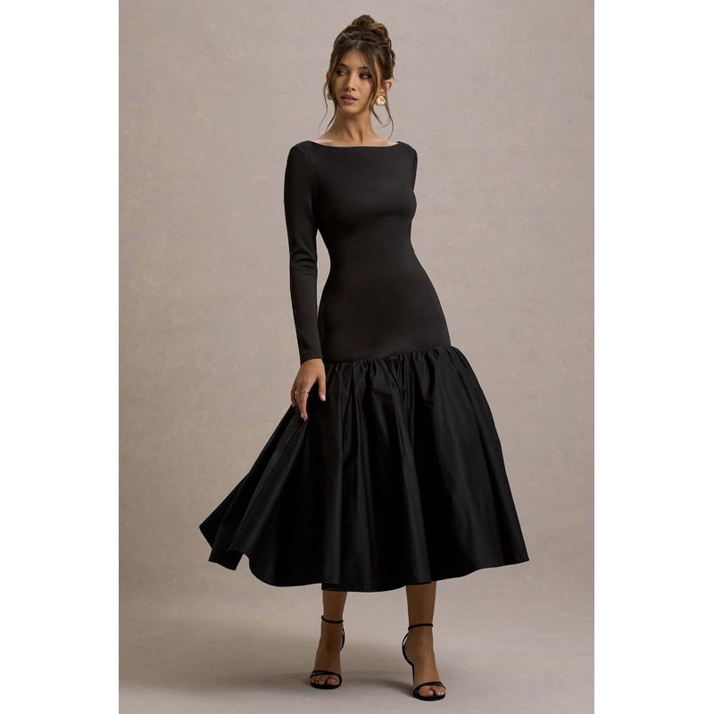 Perpetua | Black Drop-Waist Midi Dress With Volume Skirt