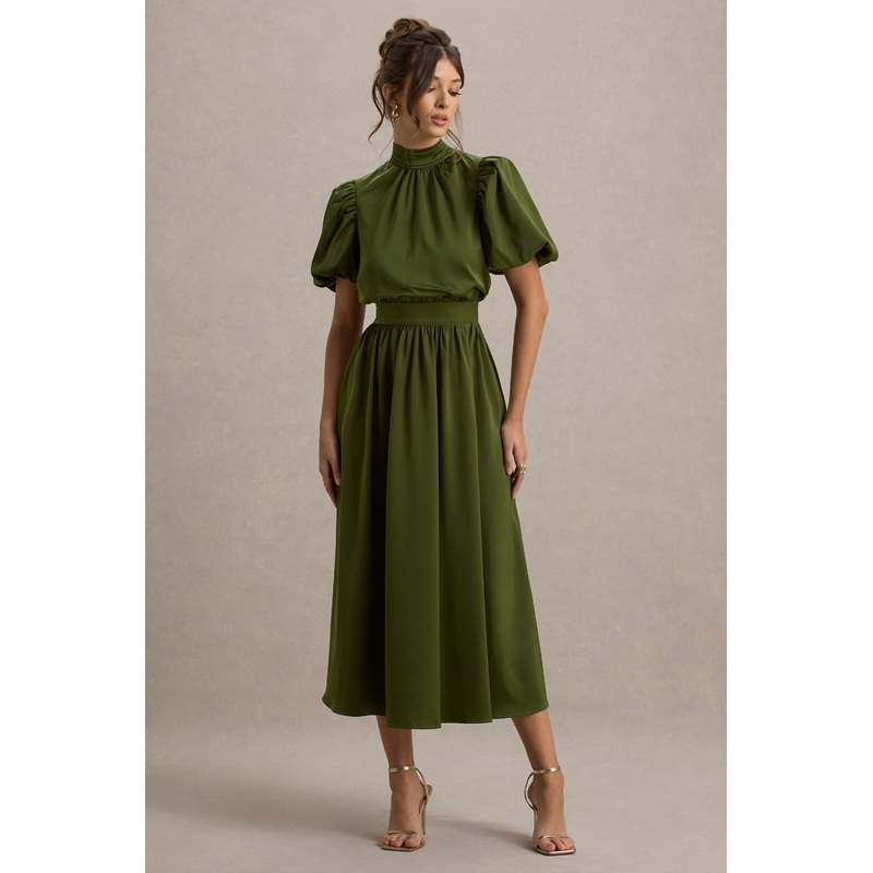 Persea | Olive Satin Puff-Sleeve Midi Dress With Bow