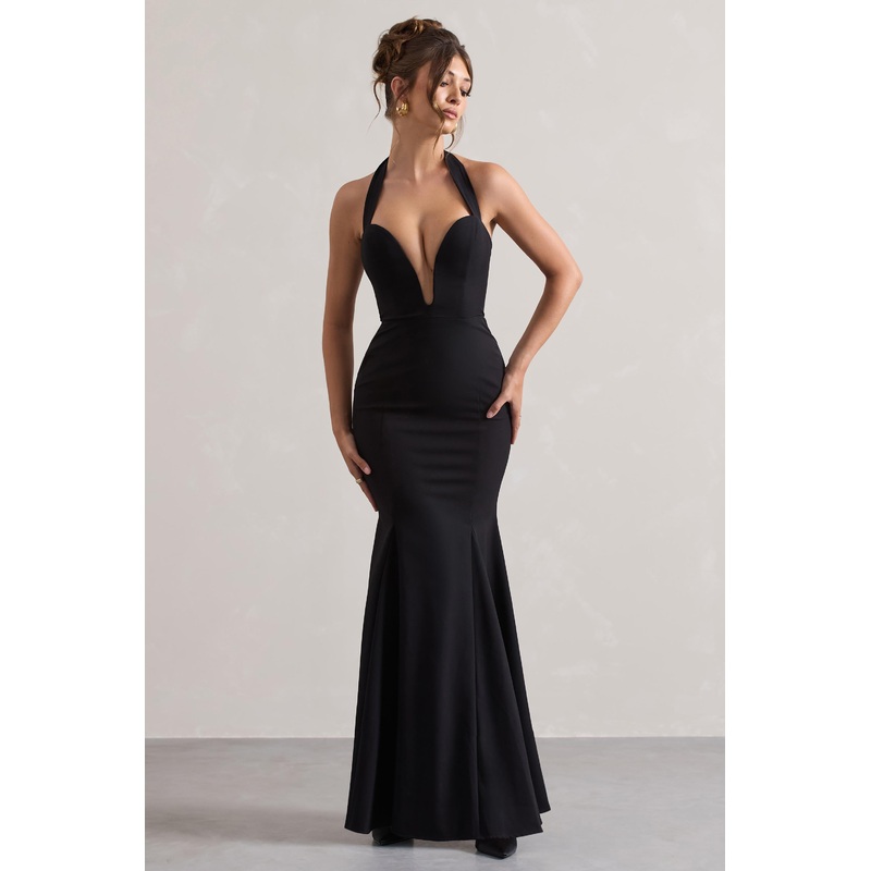 Plaza | Black Plunge Halter-Neck Fishtail Maxi Dress