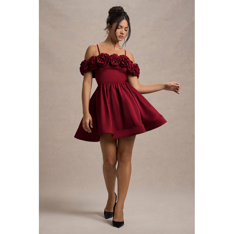 Poppy Dream | Berry Satin Floral Skater Mini Dress