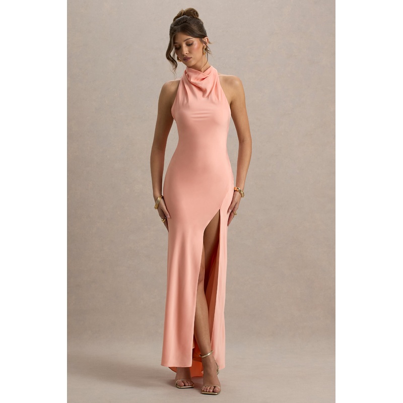 Priero | Peach Cowl Halter-Neck Open Back Maxi Dress
