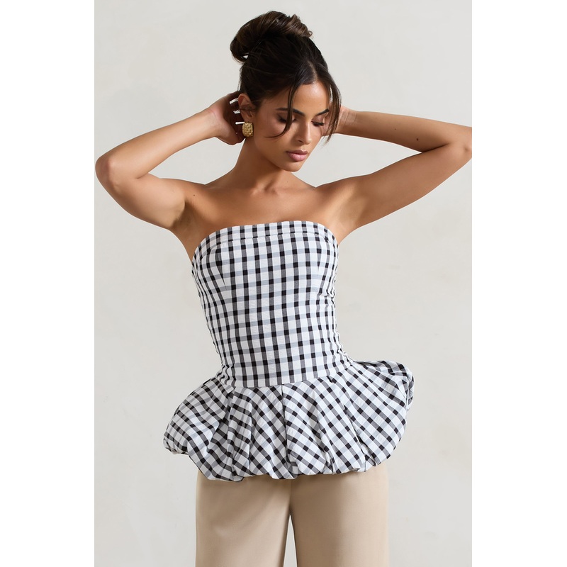 Roll With It | Black & White Gingham Bandeau Ruffle Top