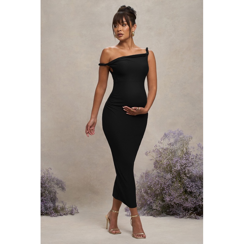 Salome | Black Twisted Asymmetric Maternity Midi Dress