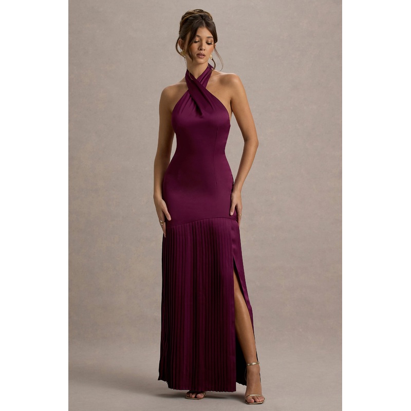 Sansa | Burgundy Satin Cross Halter-Neck Plisse Maxi Dress