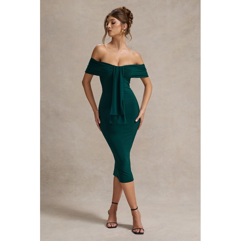Selbie | Bottle Green Bardot Midi Dress With Drape