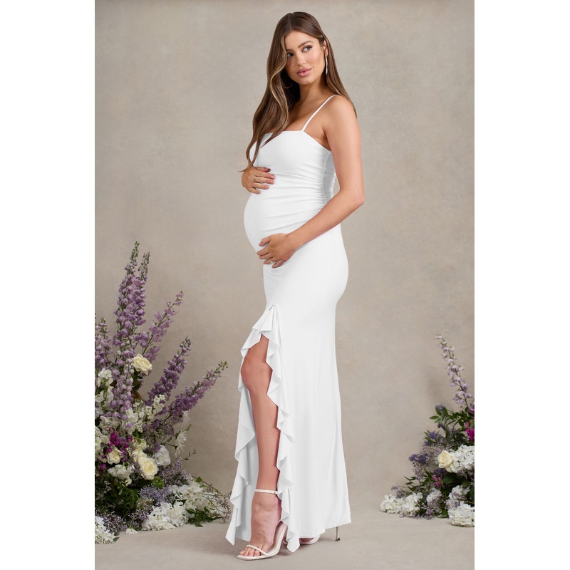 Susan | White Maternity Bandeau Ruffle Maxi Dress With Thigh Splits