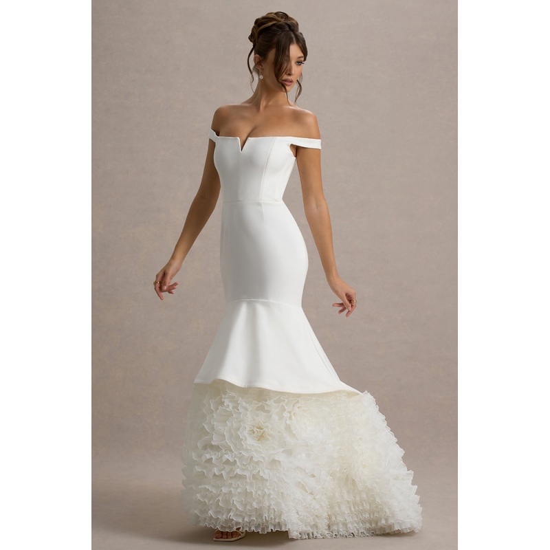 The Greatest | White & Cream Bardot Maxi Dress With Tulle Skirt