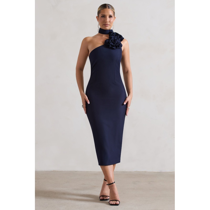 The Soiree | Navy Bodycon Midi Dress With Ruffled Choker