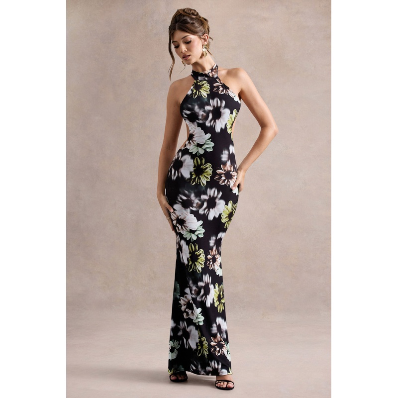 Tuscany | Black Floral Print Halter-Neck Split Maxi Dress