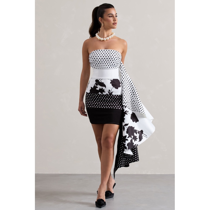 Variety | Multi Print Bandeau Mini Dress With Ruffled Side Drape