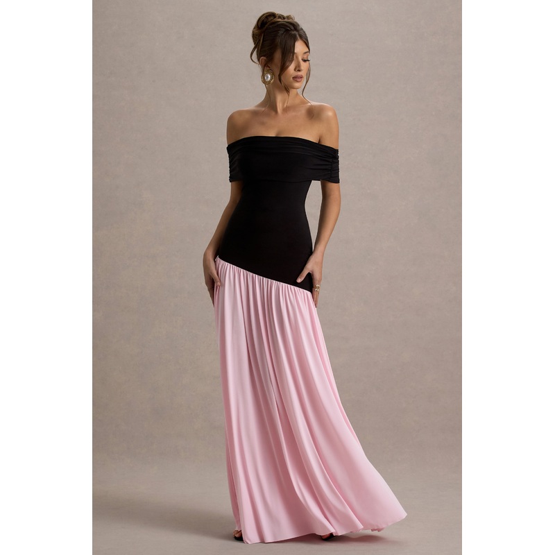 Venezia | Black & Pink Bardot Puff-Skirt Maxi Dress