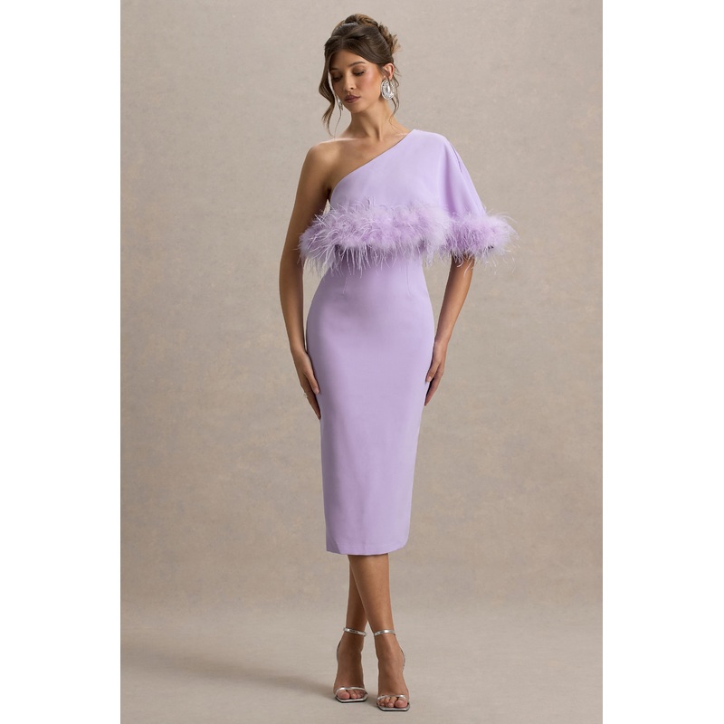 Victory | Lilac One Shoulder Midi Dress With Feather Trim