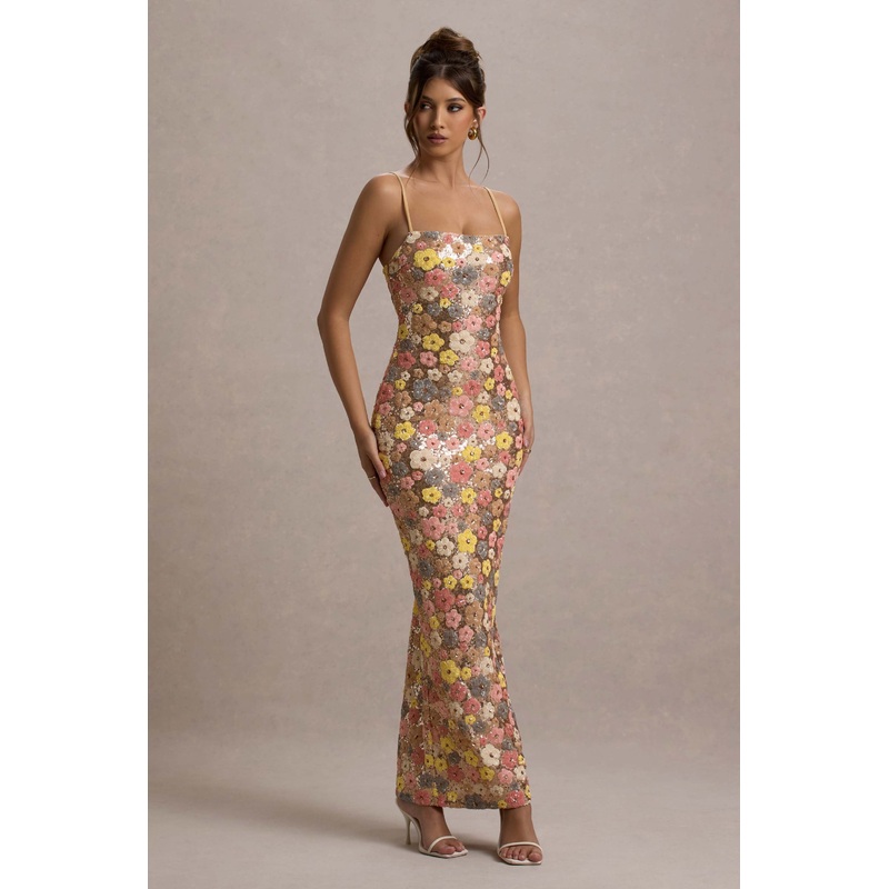 Vitora | Pastel Floral Print Sequin Square-Neck Maxi Dress