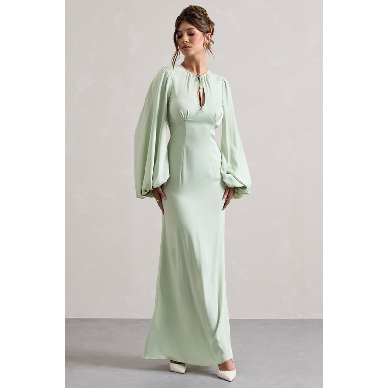 Wild Rose | Light Green Puff-Sleeve Cut-Out Maxi Dress