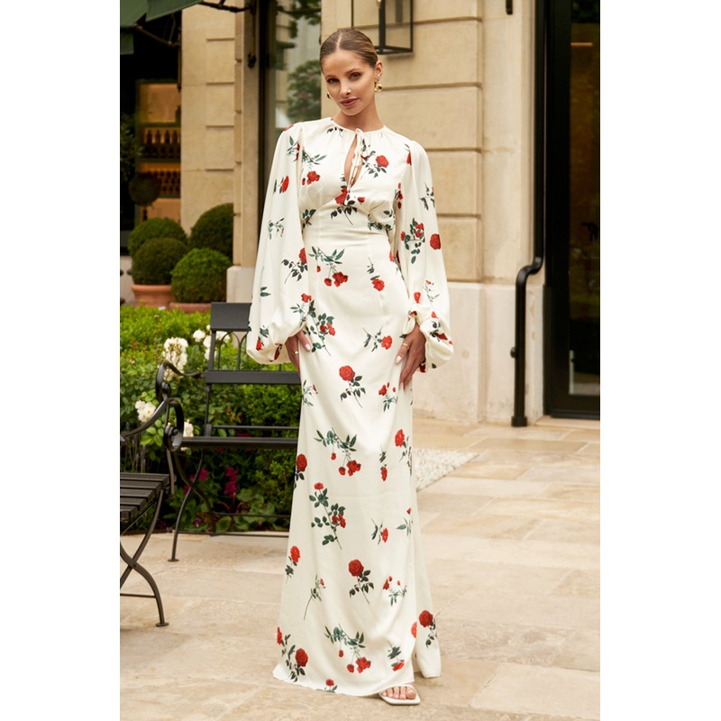 Wild Rose | Rose Print Satin Puff-Sleeve Cut-Out Maxi Dress