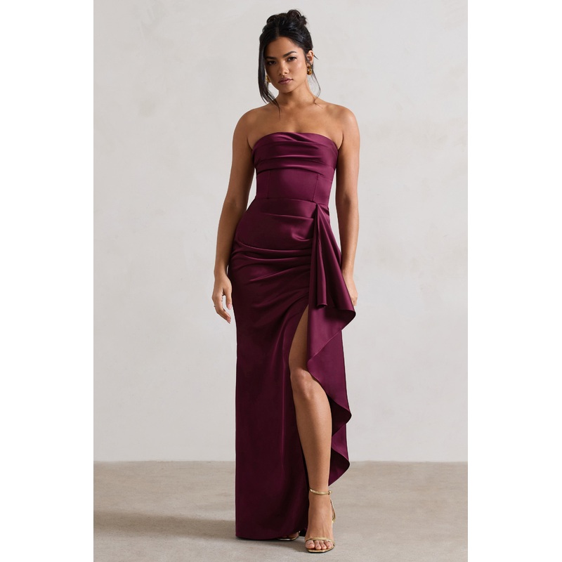 Ace | Plum Satin Bandeau Split Maxi Dress With Ruffle Drape