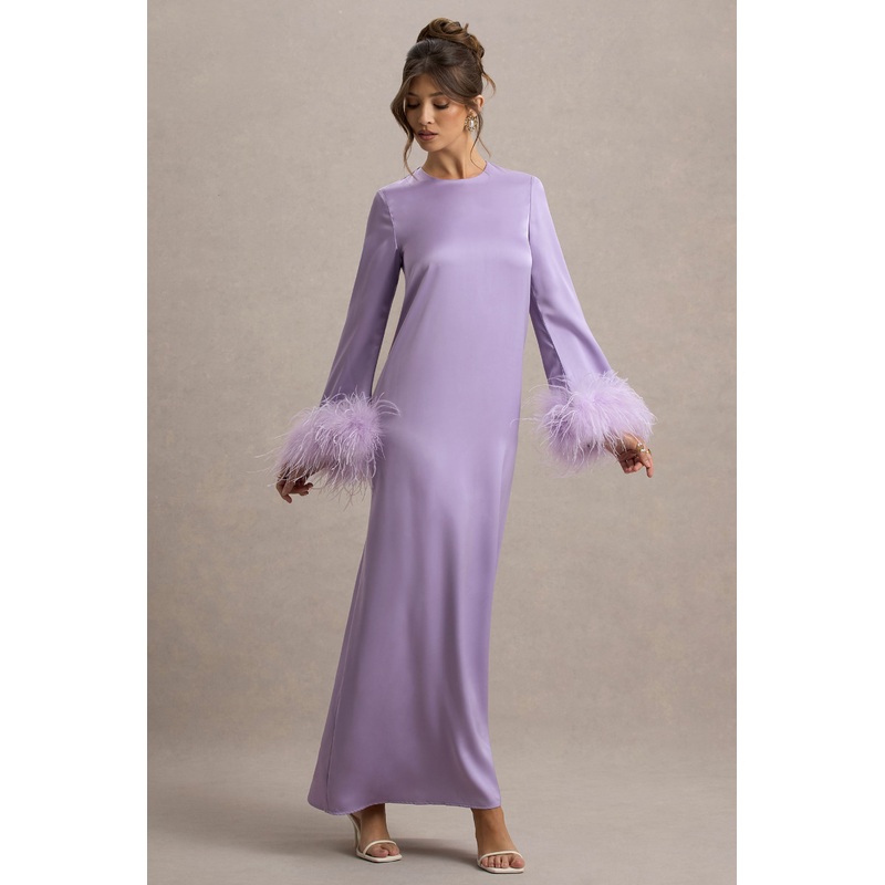 Adella | Lilac Satin Feather-Trim Maxi Dress
