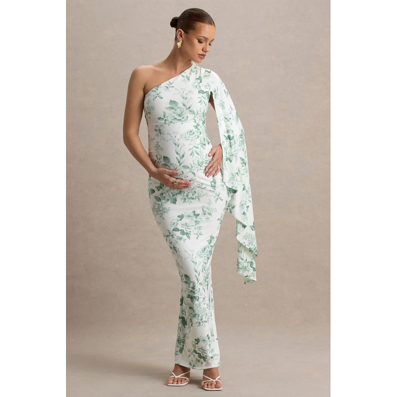 Aliana | Green Porcelain Print Asymmetric Maternity Maxi Dress With Ruched Detailing