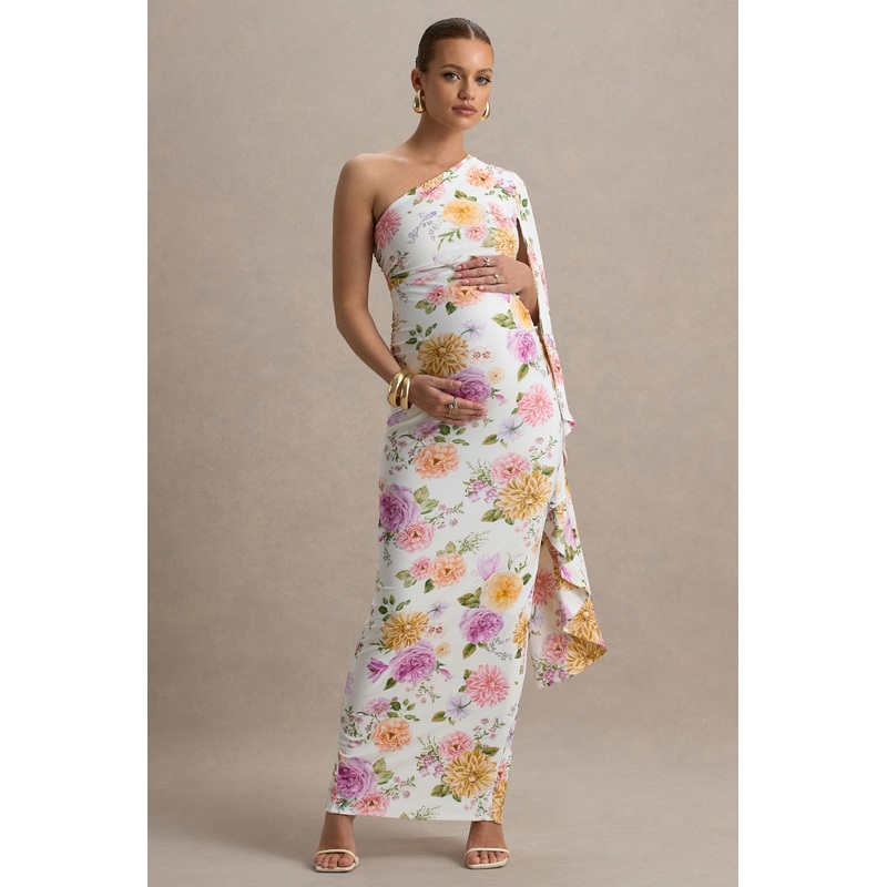 Aliana | Peach And Lilac Floral Print Asymmetric Maternity Maxi Dress With Ruched Detailing