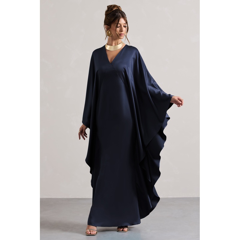 Alohi | Navy Satin Plunge Cape Maxi Dress