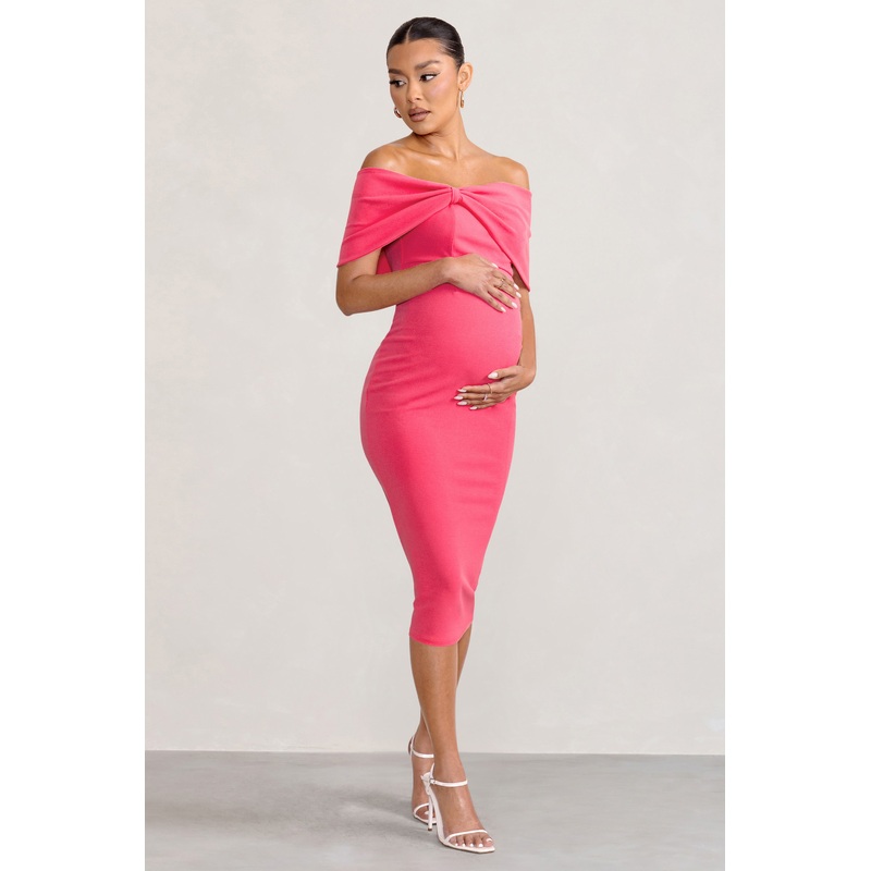 Alyssa | Hot Pink Bardot Bow Maternity Midi Dress with Ruching