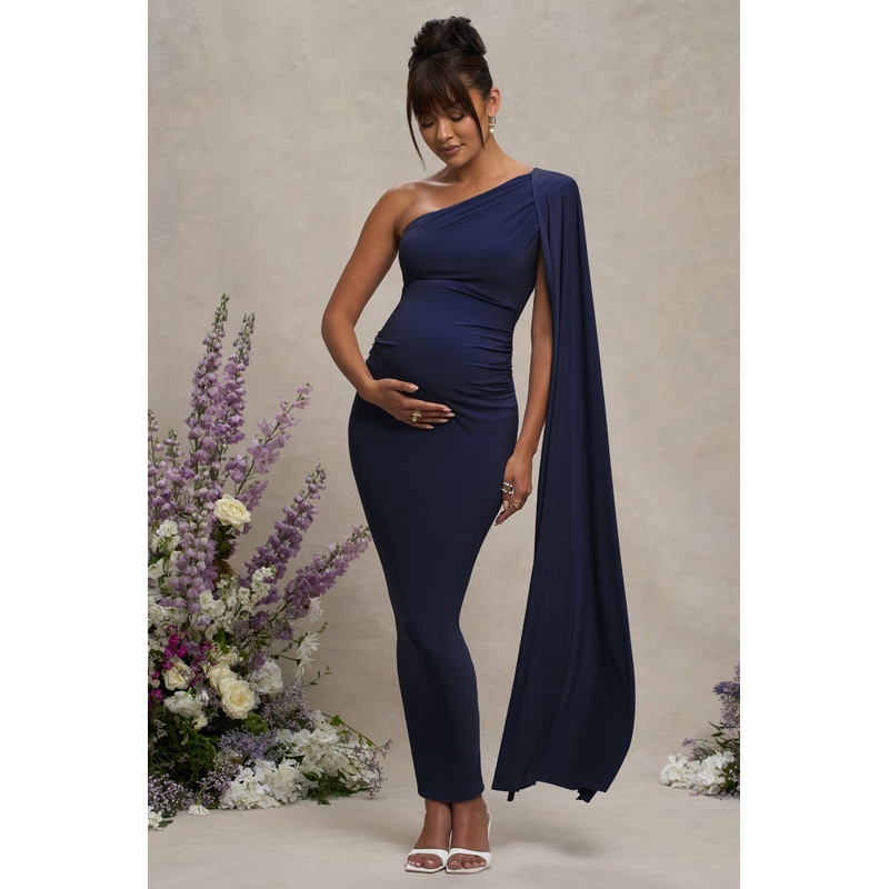 Amaryllis | Navy Maternity One Shoulder Maxi Dress with Cape Sleeve