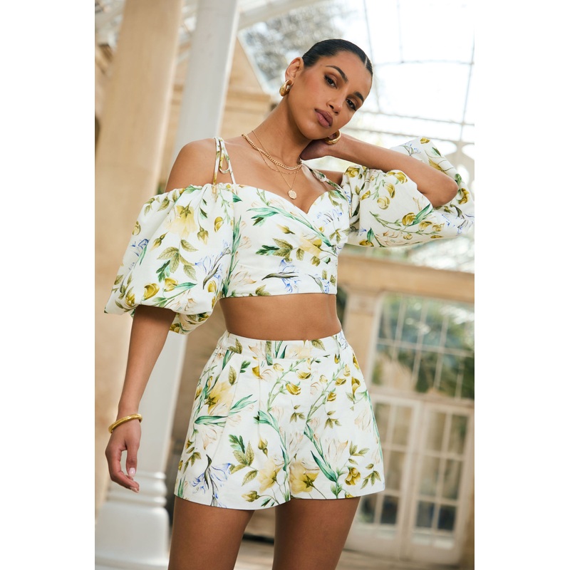 Amberly | White Linen Botanical Print Plunge-Neck Ruffled Crop Top
