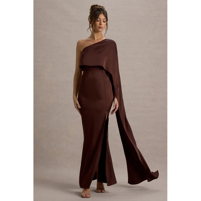 Amora | Brown Satin Asymmetric Cape-Sleeve Split Maxi Dress