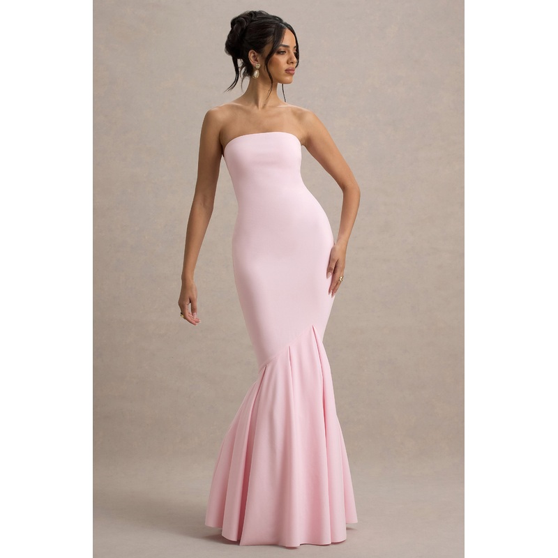 Angela | Pink Bandeau Fishtail Maxi Dress
